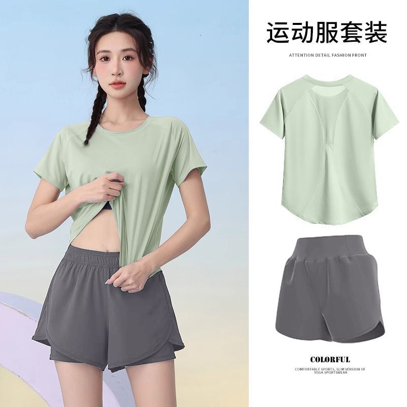 瑜伽服套装女夏季短袖晨跑步运动上衣普拉提训练健身